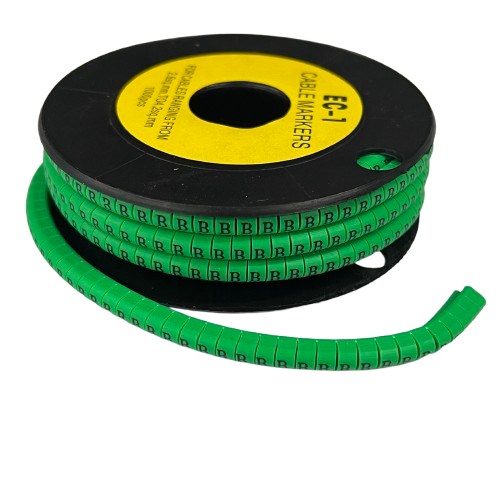 Grippes Cable Marker - B Green reel of flexible green letter B cable markers on black spool for wiring organization