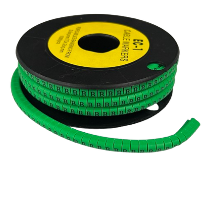 Grippes Cable Marker - B Green reel of flexible green letter B cable markers on black spool for wiring organization