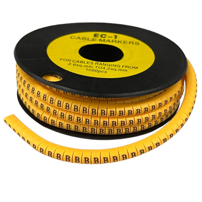 Cable Marker - B Yellow flexible tube markers on black spool for wire labeling and identification