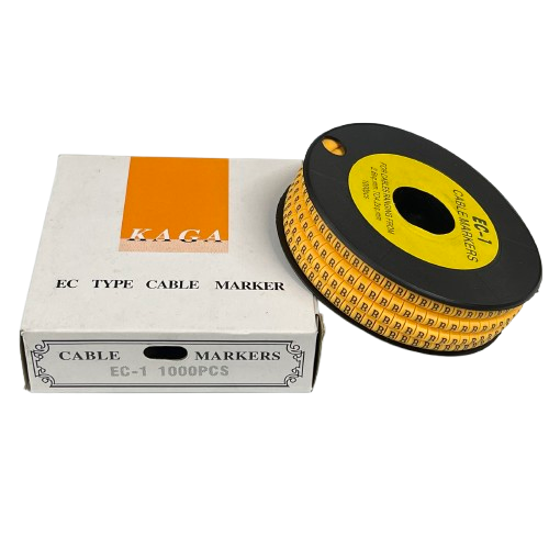 Spool and box of Cable Marker - B Yellow roll for cable management with printed B labels on yellow tape