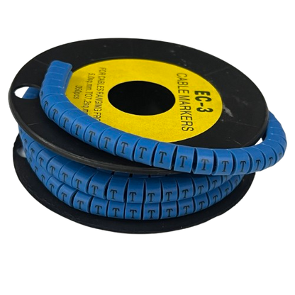 Grippes Cable Marker Blue - T spool of flexible blue cable markers printed with T for cable management