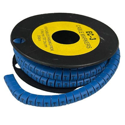 Grippes spool of Cable Marker Blue - T spiral wrap cable identification markers showing repeated T labels