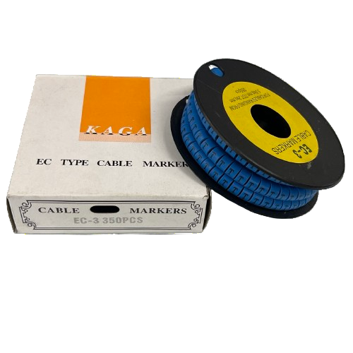 Grippes spool of blue cable markers with box, close up of reusable numbered rings for wire identification Cable Marker Blue - T