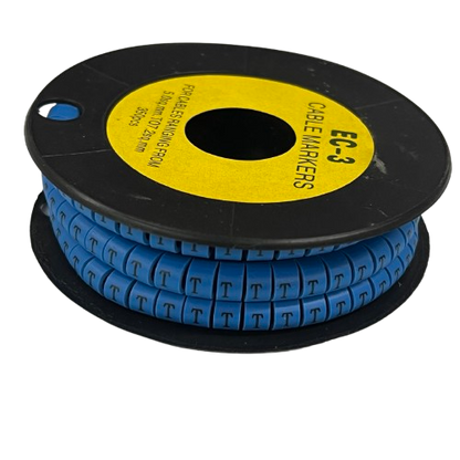 Grippes cable management spool of Cable Marker Blue - T. segmented letter T markers on black reel