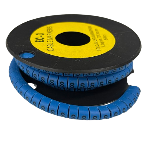 Grippes Cable Marker Blue - S spool of segmented blue cable marker tubing with repeated S labels for cable identification