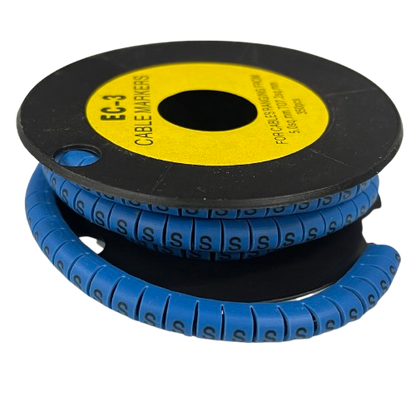 Grippes Cable Marker Blue - S spool of segmented blue cable marker tubing with repeated S labels for cable identification