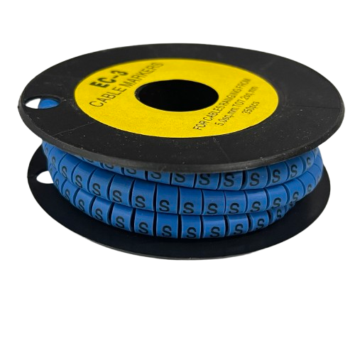Grippes Cable Marker Blue - S spool of blue S cable markers on black reel for cable management