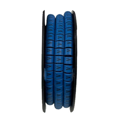 Grippes Cable Marker Blue - V. Blue plastic adhesive cable ID markers on a spool for wire organization