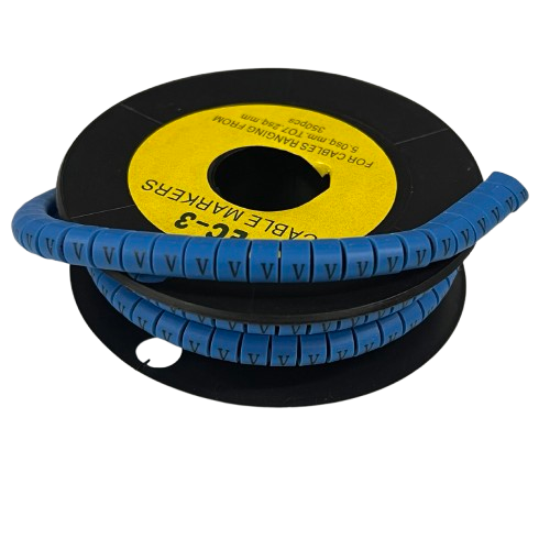 Grippes Cable Marker Blue - V. blue spiral cable marker on spool with repeated V labels for cable organization