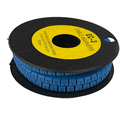 Grippes spool of Cable Marker Blue - V. blue plastic ring cable markers showing printed V on black reel for labeling wires