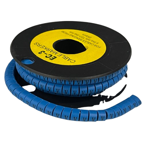 Grippes spool of blue segmented cable markers showing repeated V prints Cable Marker Blue - V. for cable identification