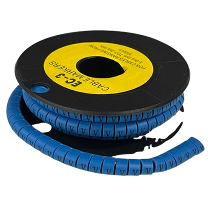 Grippes spool of blue segmented cable markers showing repeated V prints Cable Marker Blue - V. for cable identification