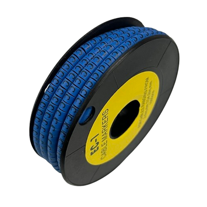 Spool of blue plastic letter C cable markers on black reel for wire labeling Cable Marker - C Blue