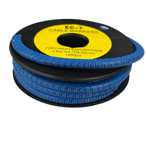 Reel of blue plastic cable markers on spool labeled Cable Marker - C Blue for wire identification