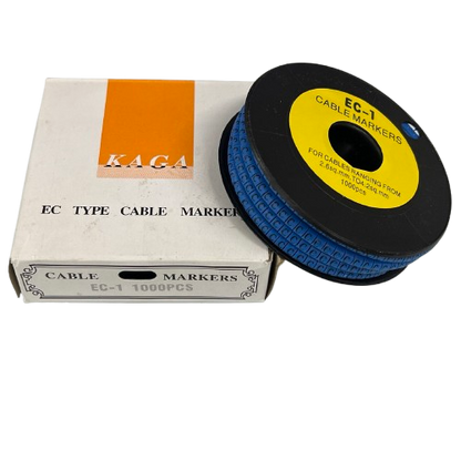 Cable Marker - C Blue spool of small letter cable markers on black reel with white box for wire labeling