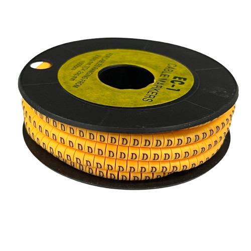 Spool of yellow adhesive cable markers showing repeated D labels for wire identification Cable Marker D -  Yellow