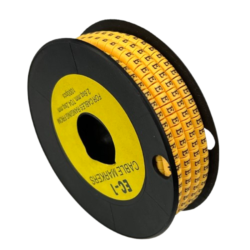Spool of Cable Marker - E Yellow roll with adhesive letter E wire labels for cable management and identification