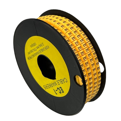 Spool of Cable Marker - E Yellow roll with adhesive letter E wire labels for cable management and identification