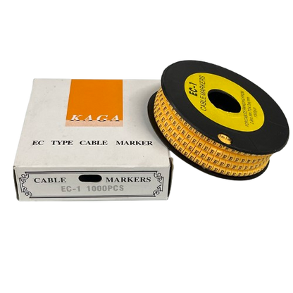 Spool and box of Cable Marker - E Yellow identification labels for cables and wiring on black background