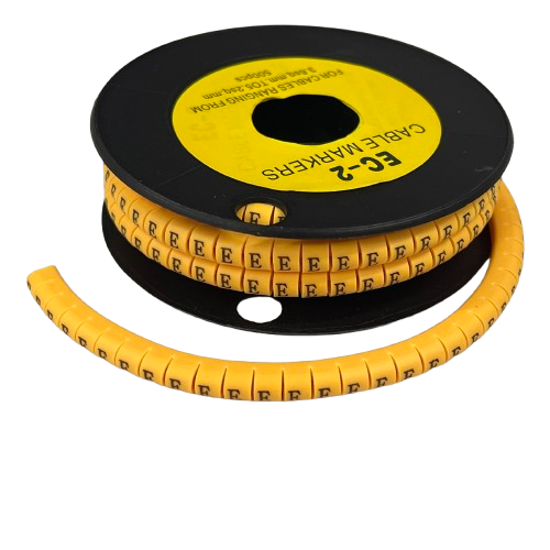 Grippes Cable Marker E - Yellow reel of snap on letter E cable markers on black spool for cable management