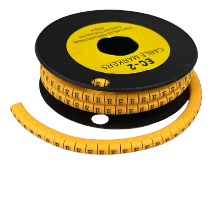 Grippes Cable Marker E - Yellow reel of snap on letter E cable markers on black spool for cable management
