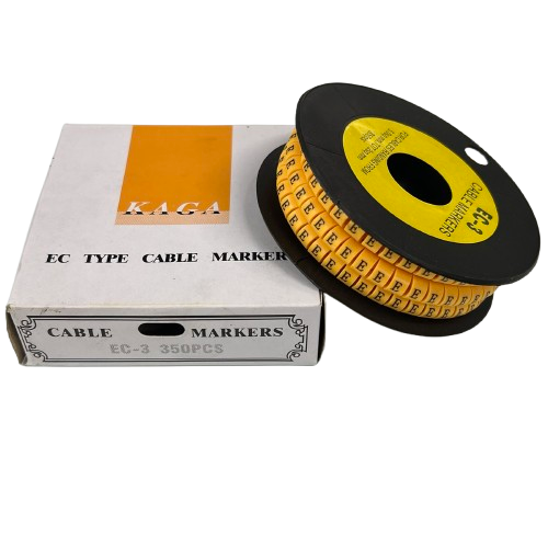 Grippes cable management spool and box showing Cable Marker - E Yellow roll of E letter labels for wires