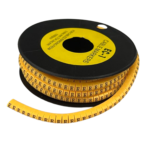 Spool of yellow adhesive cable markers with repeating E labels for tidy wire organization Cable Marker - E Yellow