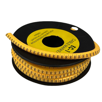 Cable Marker - E Yellow roll of adhesive cable markers on spool for wire labeling and cable management