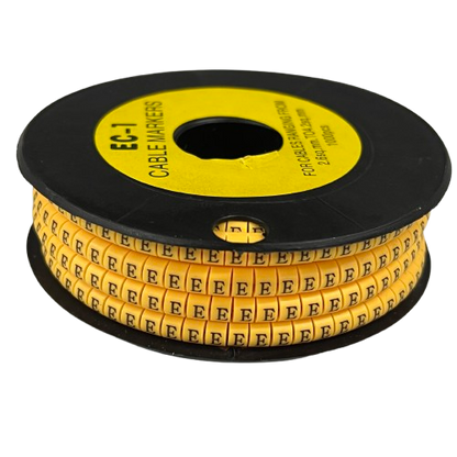 Cable Marker - E Yellow spool of adhesive cable labels for wire identification in electrical cable management