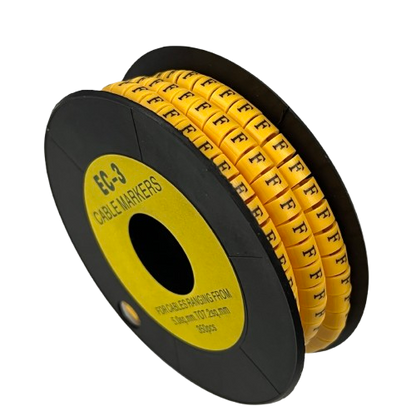Grippes Cable Marker F- Yellow reel with rows of yellow F markers on a black spool for cable identification