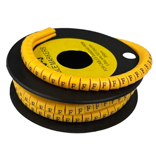 Grippes Cable Marker F- Yellow spool of flexible adhesive cable labels showing repeated F markers