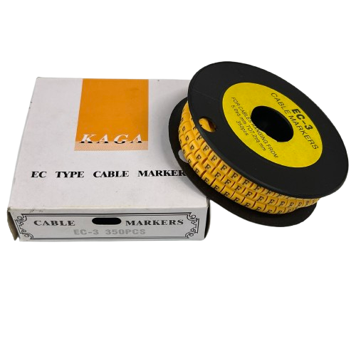 Grippes Cable Marker F- Yellow reel of printed letter cable markers on black spool with white box