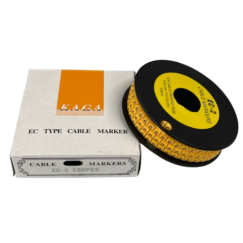 Grippes Cable Marker g - Yellow spool of numbered cable markers beside labeled storage box for cable management
