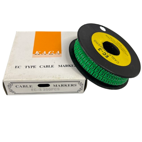 Spool of numbered green cable markers on black reel with white box for wire labeling Cable Marker Green -3