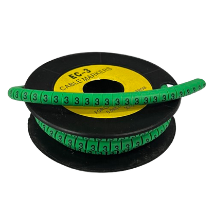 Spool of green plastic cable markers printed with number 3 for wire organization Cable Marker Green -3