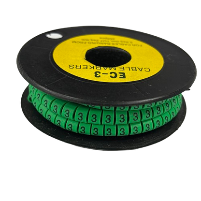 Spool of green plastic cable markers labeled with number 3 for wire organization Cable Marker Green -3