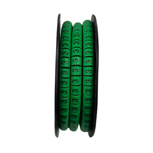 Spool of green numeric cable markers on reel Cable Marker Green -3 for wire organization and labeling