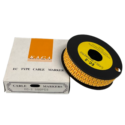 Grippes Cable Marker - I Yellow spool with 500pcs EC type markers beside white box for cable management