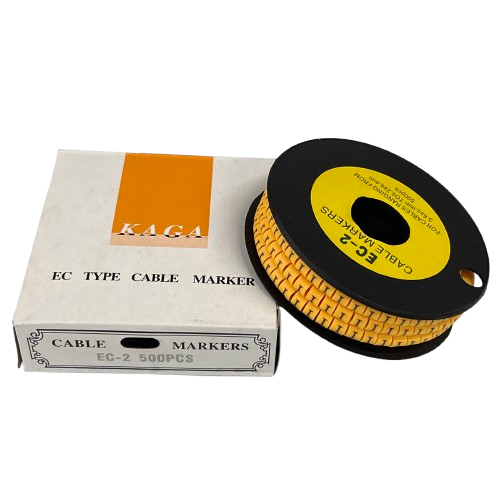 Grippes Cable Marker - I Yellow spool with 500pcs EC type markers beside white box for cable management