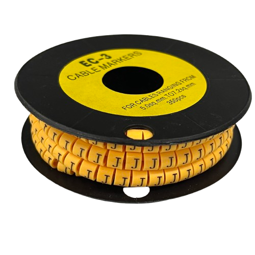 Grippes Cable Marker J - Yellow spool of adhesive letter J cable markers on black reel for wire identification