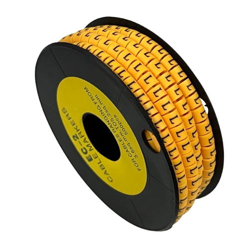 Grippes Cable Marker L - Yellow on black spool showing multiple L labels for cable management and identification
