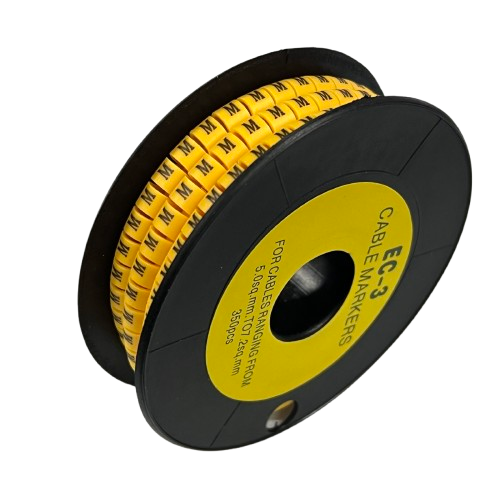 Grippes Cable Marker M - Yellow spool of labeled cable markers on a black reel for wire identification