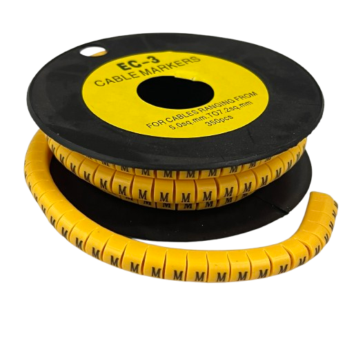 Grippes Cable Marker M - Yellow spool of labeled snap on cable markers with repeating M for wire identification
