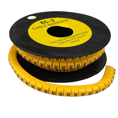 Grippes Cable Marker M - Yellow spool of labeled snap on cable markers with repeating M for wire identification