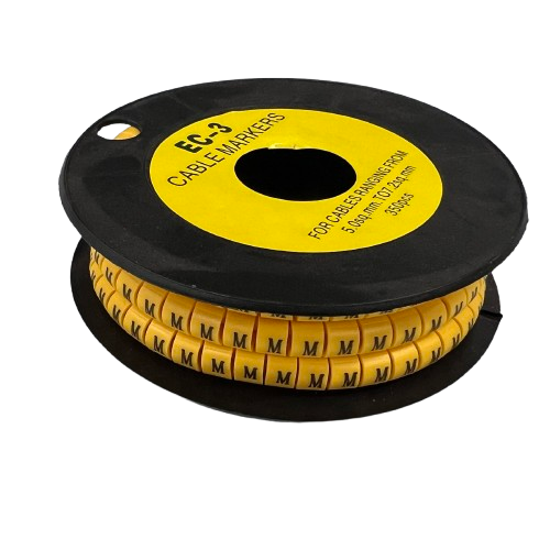 Grippes Cable Marker M - Yellow spool with repeated M labels for cable identification and wire organization