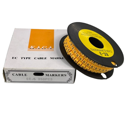 Grippes Cable Marker - N Yellow reel showing multiple printed N markers on spool beside white box