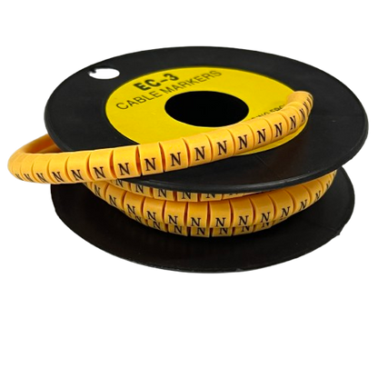 Grippes Cable Marker - N Yellow spiral wire markers on a black spool with repeated N labels for cable identification