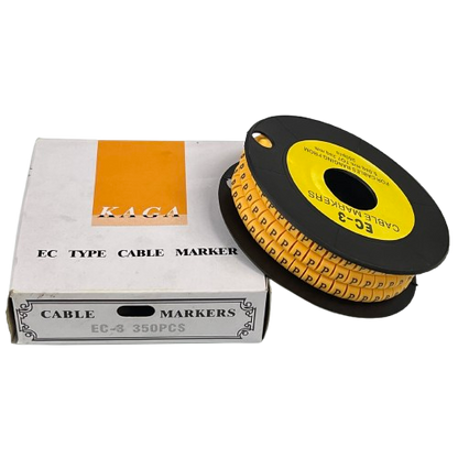 Grippes Cable Marker P - Yellow reel of EC type cable markers with printed P letters and storage box