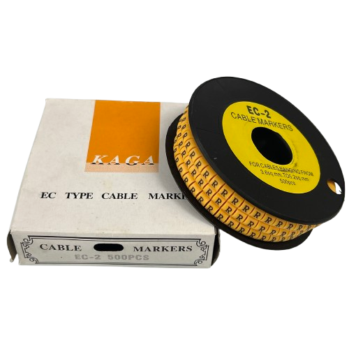 Grippes Cable Marker R - Yellow reel of printed R cable markers on black spool with box