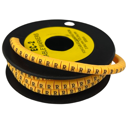 Grippes Cable Marker R - Yellow spool of flexible cable markers with repeated R labels for wire identification